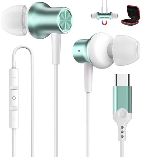Auriculares USB C para iPhone 17 16e 15, Tipo C Auriculares con micrófonos, In Ear Cancelacion Ruido con Micrófono y Control de Volumen para Galaxy A17 A16 A36 A56 S25 Pixel 10 9a One plus 13 12 cian