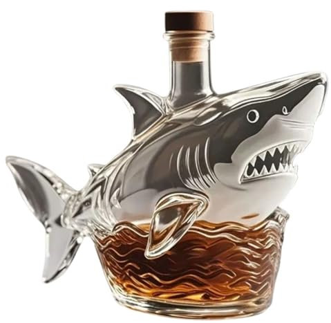Shark Whiskey Bottle - Handblown Glass Decanter for Rum Vodka Unique Liquor Dispenser, Creative Home Bar Decor Gift for Men, Whiskey Lovers & Collectors