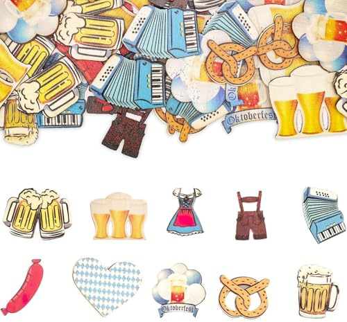 100 Stück Bayrische Streudeko aus Holz für Oktoberfest Wiesn – Oktoberfestdek o mit Dirndl, Lederhose, Breze, Herz & Bierkrug – Ideal für Tischdekoration & Partydekoration BaiDekun
