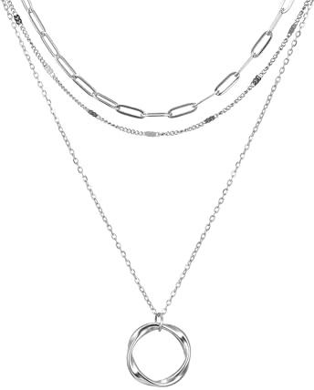 AFSTALR Layering Kette Damen 3PCS Mehrreihige Halskette Gold Silber Roségold mit Kreis Gedrehtem Anhänger Edelstahl Choker Necklace Wasserfest Schmuck Geschenke für Frauen Mädchen