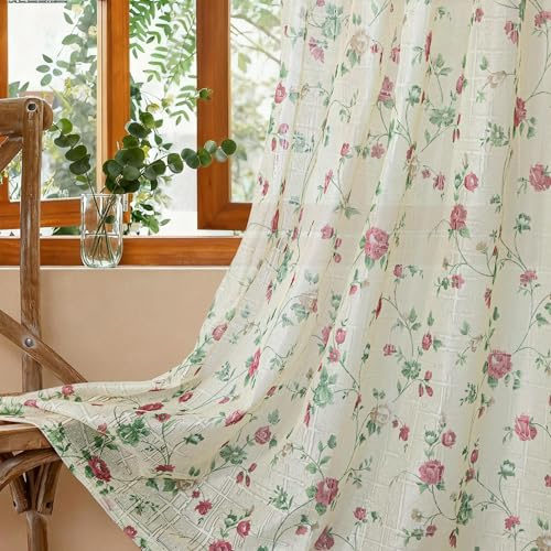 BUHUA Voile Vorhänge Halbtransparent Vorhang im Blumen Vorhänge mit Kräuselband Durchsichtige Vorhänge für Wohnzimmer 2er Set, 225x132cm (HxB) Pink