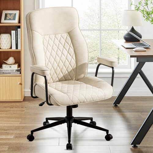 Ckaff Bürostuhl Ergonomisch, PU Leder Chefsessel, Schreibtischstuhl Computerstuhl mit Hoher Rückenlehne, Gepolsterter Armlehnen und Höhenverstellbar, Neigefunktion, Drehstuhl, Beige
