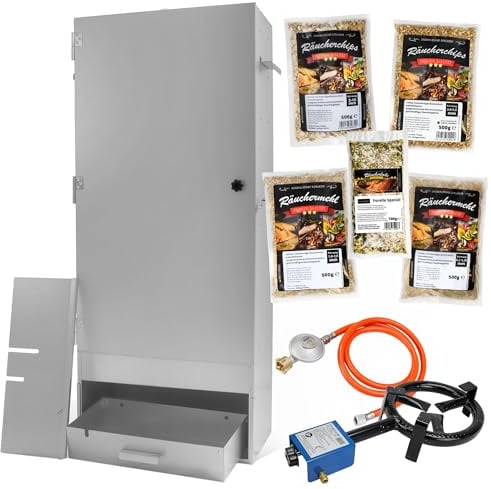 Eversmoke Räucherofen Jumbo 110 Pro II Starter Set – galvanisierter Stahl, große Räucherkammer, inkl. Thermometer, Haken, Körbe, Tropfblech & Feuerschale (Starterset + Gasbrenner)