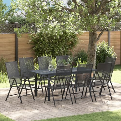 IBUQDDV 9-teiliges Garten Esstisch Set Anthrazit Stahl mit 8 verstellbaren Stühlen für Outdoor-Essbereich, wasserdicht und windbeständig für ganzjährige Nutzung, robuste