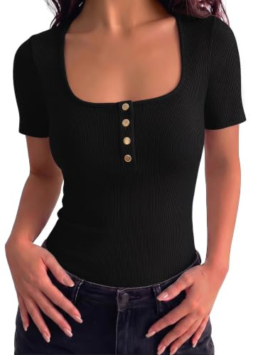 Gyabnw Women's T Shirt Stretch Ribbed Slim Fit Square Neck | Ribbed texture, slim fit, square neckline, casual T shirt styling, for summer wear, casual everyday styling