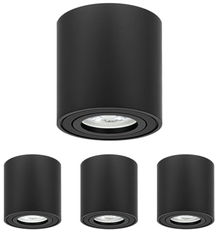 Aufbauspot Deckenstrahler mit Schwenkbarem Kopf,Runde Flach Spots Deckenleuchte Dimmbar mit GU10 Set Inkl Leuchtmittel,3 CCT umschaltbar,Modern Deckenspots Schwarz 80x85mm für Küche Bad,4er Set