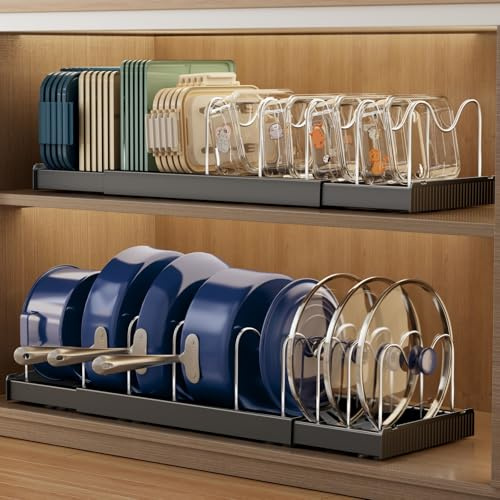 Magheo 2 Pack Pots and Pans Organiser for Cupboard, 57CM Expandable Pan Lid Holder with 9 Adjustable Dividers, Kitchen Pot and Pan Lid Storage Rack Inside Cabinet/Countertop Cupboard Organisers(Black)