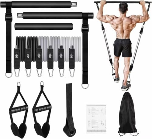 Pilates Bar Set mit 6 Widerstandsbänder, Pilates Bar Set mit 6 Widerstandsbänder 20 lbs 30 lbs 40 lbs mit Griffen, Türanker, Abnehmbare Edelstahl Bars für Zuhause Krafttraining, Schwarz