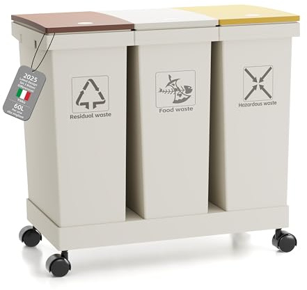 YOYIKKO Set 3 Bidoni Differenziati, Pattumiere, 3 contenitori con coperchio, 3 x 20 l, contenitori per il riciclaggio rimovibili con ruote, sistema di raccolta differenziata (60-150)