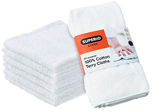 Superio Terry Cloth Rags White Washcloths 100% Cotton 12 Cleaning Cloths, Kitchen Towels, Facial Washcloth, Spa Cloths, Hand Towel, Small Lint Free Rags for Multi-Purposes (6 Pack)