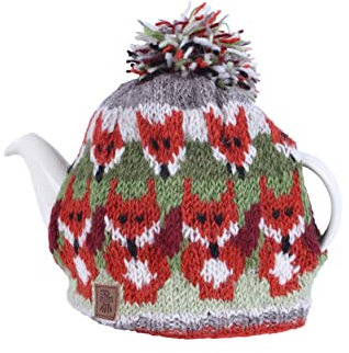 Pachamama Handknitted Medium 4-6 Cup 1.2L Wool Tea Cosy/Teapot Cover - Fox Pattern Insulated Handmade Fair Trade Multicoloured