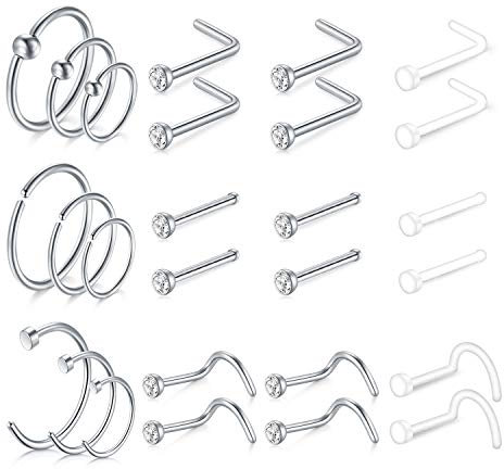 Mayhoop Piercing Naso Borchie Anelli Naso Argento 27 Pezzi Acciaio Chirurgico e Acrilico Naso chiodo Forma l Vite Naso 20g Gioielli per Uomini e Donne