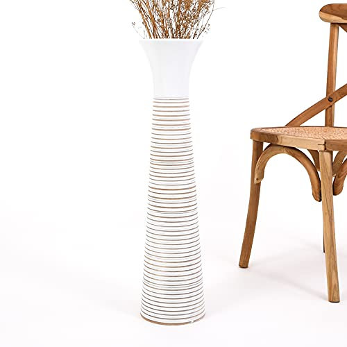 Leewadee Grand Vase A Poser Au Sol pour Branches Décoratives De Pampa, Vase en Bois De Manguier, 70 cm, White Wash