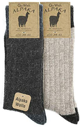 GoWith Alpaca Wool Socks for men and women, 2 pairs multipack, fine knit, warm, soft, cosy, natural wool, thermal, thick boot socks, walking hiking camping, beige brown size 9-11