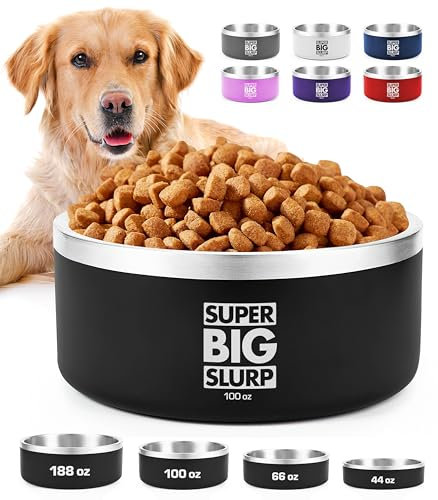 Tuff Pupper Bol isolé Robuste pour Chiens de Grande Taille, 2700 ml/100 oz | Bol de Nourriture pour Animaux en Acier Inoxydable à Double paroi | Couleurs durables avec revêtement en Poudre (Noir)