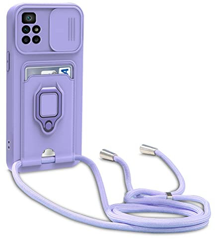 yanasuo Schiebe Kameraschutz Silikon Handykette Hülle kompatibel mit Xiaomi Redmi 10, Metall Ring Halter Handy Cover,Verstellbarer Halskette Handyhülle-Lila