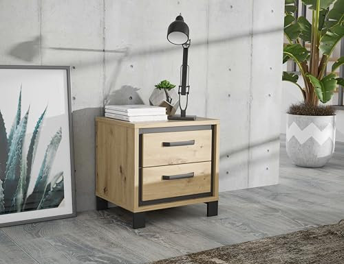 Forte Trondheim Nachttisch 50, Nachttisch mit 2 Schubladen, Nachtschrank, Holzwerkstoff, Artisan Eiche/Schwarzeiche Holzdekor, 49,4 cm breit x 49,3 cm hoch x 41,5 cm tief