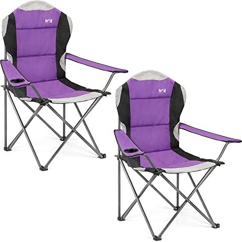 Trail Kestrel High Back Folding Camping Chair – 2 Pack, Luxury Padded Seat with Breathable Mesh, Heavy Duty Tubular Steel Frame, Cup Holder Armrest, Lightweight & Portable with Carry Bag (Purple)