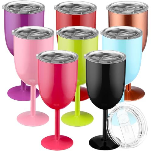 Yinder 8 Pcs Stemmed Stainless Steel Wine Glasses, 12 oz Stainless Wine Goblet with Lids Double Wall Insulated Unbreakable Goblets Insulated Stem Tumbler for Friendship Birthday Party(8 Colors)