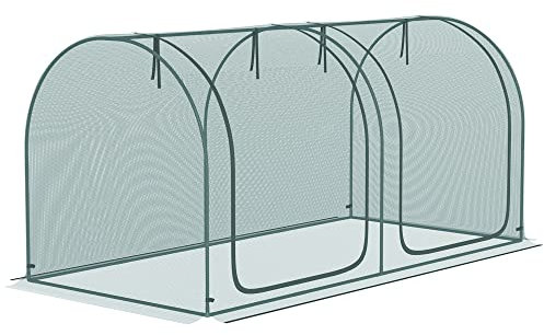 Outsunny 2,49 x 1,2 m Gartennetz Insektenschutznetz, Pflanzenschutzzelt mit Tür, Winddichtes Schädlingsschutznetz, Gemüsenetz mit Stahlrahmen, HDPE-Netz für Garten, Balkon, Dunkelgrün