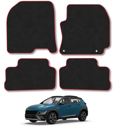 Fits Hyundai Kona (2017-2023) Carpet Car Mats | Red Edge Trim Tailored Fit Floor Mats Full Coverage Protection Accessories Easy Clean Anti Slip Made in the UK