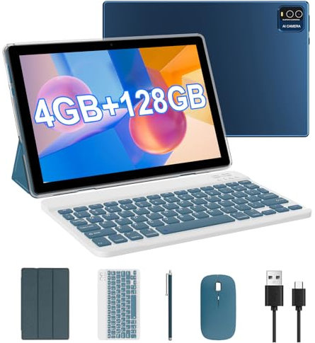 tablet with keyboard, 2024 latest 10.1 inch 2 in 1 tablets, 4GB RAM+128GB ROM, Android tablet PC, 1.8GHz quad-core, 1280x800FHD, 8MP dual camera, 5G WiFi BT 5.0 | mouse,