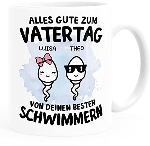 Moonworks® Tasse Papa Alles Gute zum Vatertag deine besten Schwimmer personalisiert mit 1 2 3 Kindern Namen weiß standard