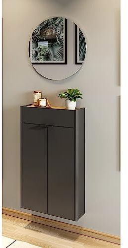 Lomadox Garderobe Flurgarderobe schmal in grau mit Eiche modern 2-teilig mit 1 Schuhschrank und 1 Spiegel
