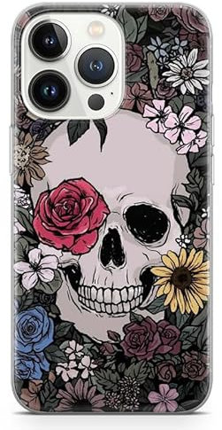 Rose Skull iPhone Phone Case Halloween Aesthetic Horror Spooky Gift - Gothic Skeleton Flowers Art Handyhülle (Design 4; iPhone 14)
