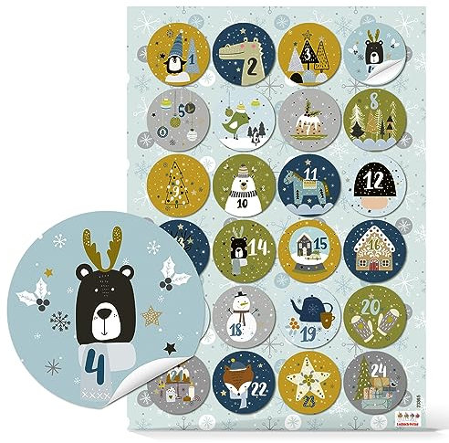 Zahlensticker Adventskalender, 24 Stück: Zahlen Kalender 1 bis 24, Sticker Tiere, Aufkleber Weihnachten, Zahlenaufkleber Kinder, Adventskalenderzahlen zum Aufkleben, Etiketten Ziffern Bunt, Ø 4 cm