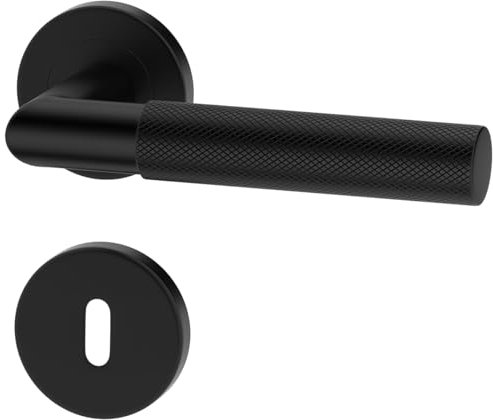 ERGO line BAUHAUS Modern, Edelstahl Türbeschlag Türgriff für Zimmertüren Schwarz Matt L-FORM, Rund-Rosette Drückergarnitur, Türklinke, Türdrücker