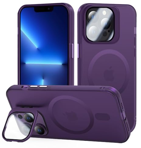 tigratigro Cover con Cavalletto,Compatibile con iPhone 13 Pro,Protezione Fotocamera H9 vetro temperato,Custodia Posteriore Glassata Traslucida, Anti-Impronte,Sensazione di Velluto (Viola Scuro)
