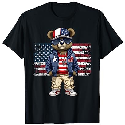 4. Juli Hip Hop Teddybär USA Streetwear Amerikanische Flagge T-Shirt