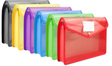 TECDW 6 Pezzi Cartellina Portadocumenti A4, Colore Porta Documenti A4 Trasparenti Plastica con Bottone e Porta Etichetta, Cartelle Busta Grande Capacità per Scuola, Ufficio o Casa (6 colori)