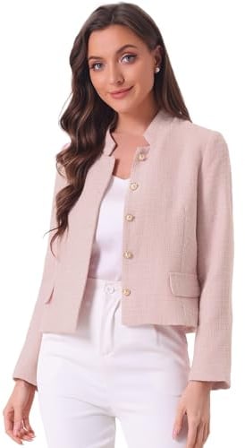 Allegra K Damen Plaid Tweed Blazer Langarm Knopfleiste Arbeit Büro Kurze Jacke