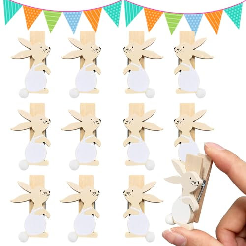 12pcs Holzklammern mit Hasenmotiv und Pompom zu Ostern, Osterkinder Basteln Dekoration, Holzklammern Hase als Osterdeko, Ostergeschenk Deko Osternest Minihase