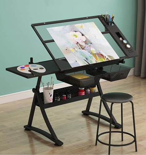 Art Drawing Desk mit Hocker Zeichenarbeitsplatz, Höhenverstellbar (29.1-36.6) & Winkelverstellbar (0°-50°), Schubladen, Beistelltisch, Ablagefächer Glasplatte zum Nachzeichnen (Color : Schwarz, SI