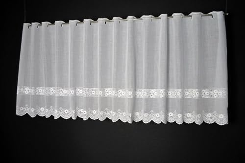 Gardinen Kranzusch Scheibengardine Batist bestickte Blumen 47x231 cm H/B Weiß Bistrogardine Vorhang Küche 1er Pack
