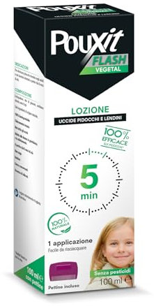 Pouxit Flash Vegetal, Trattamento Pidocchi e Lendini, Ingredienti di Origine Naturale Senza Insetticidi, Pettinino Incluso, 100 ml