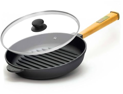 4BIG.fun Ø26cm Grillpfanne aus Gusseisen mit Glasdeckel Induktion Holzgriff Bratpfanne Pfanne Feuerpfanne