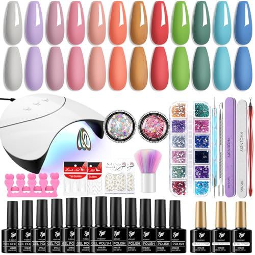 PHOENIXY Gel Nail Polish Set, 12 Colors Gel Nail Polish Set with 36W Lamp Starter Kit, Pink Nude U V Gel Nail Polish Kit with Glossy Matte Top Coat Gel Nail Kit Gifts for Women