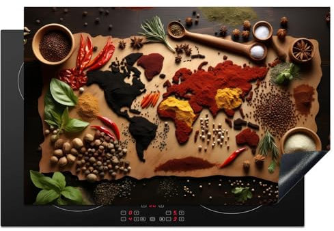 KitchenYeah© Protezione Piano Cottura Tappetino per Induzione 80x52 cm Cucina Proteggi Coprifornello Antiscivolo Mappa del mondo - Erbe - Calcestruzzo
