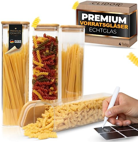 CLIDOR ® Vorratsgläser mit Deckel, Eckig I 4er Set I Erhöhte Glasstärke I Vorratsdosen mit Deckel luftdicht I Aufbewahrungsbox Küche für alle Lebensmittel I Glasbehälter I Küchen Organizer