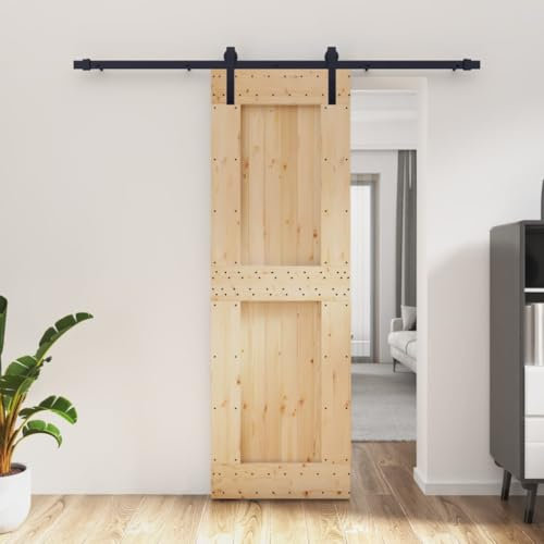 Gecheer Porta del Granaio Scorrevole in Legno di Pino, Nero, 70x210 cm, Binario 200 cm, Kit Binario Inclusa