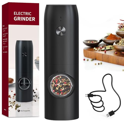 CIRCLE JOY Electric Salt Pepper Grinder Rechargeable Pepper Mills with Adjustable Grind Coarseness, Led Light, One-Hand Operation Automatic Salt Mills, No Pepper or Salt Included
