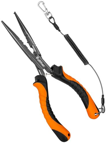 Pullther Fishing Needle Nose Pliers Fishing,Fishing Pliers,9.4 in Fishing Pliers Hook Remover,Carbon Steel with with Teflon coated split ring pliers,Saltwater Fishing Gear