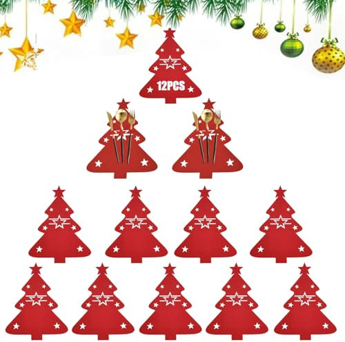 YQBFTC 12Pcs Christmas Cutlery Holders, Xmas Table Decorations, Tree Cutlery Holders, Pockets Knifes Forks Tableware Bags