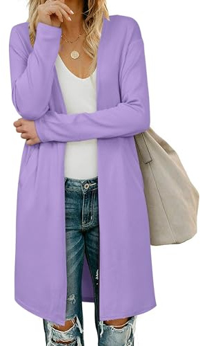OUGES Damen Langarm Strickjacke Lang Leicht Cardigan Casual Strickmantel mit Taschen