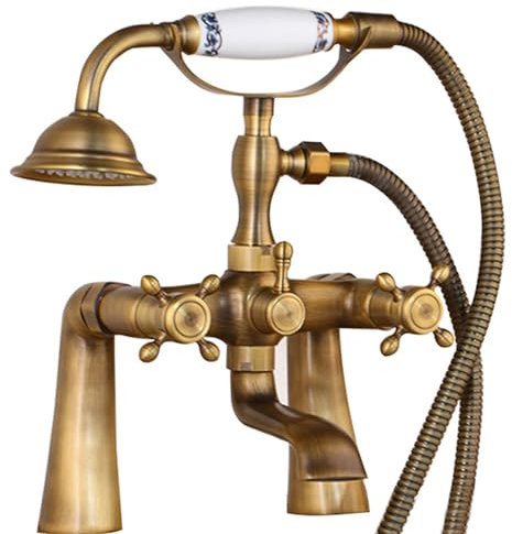 BiaoTeng Clawfoot Rubinetto per Bordo Vasca da Bagno con Doccetta 2 Manopole Croce Anticata Ottone Caldo e Freddo 2 Fori Set Miscelatore Vasca Antico