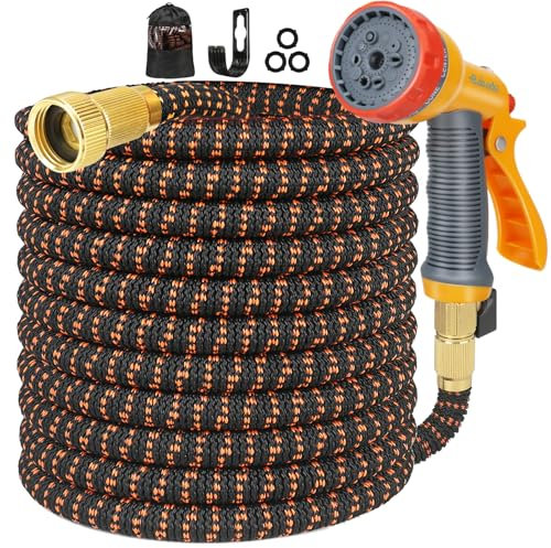 Garden Hose - Expandable Hose Pipe 100ft with 10 Function Spray Gun, Flexible Expanding Hose with 3 Layer Latex and 1/2 and 3/4 Solid Brass Connector Hosepipes for Garden